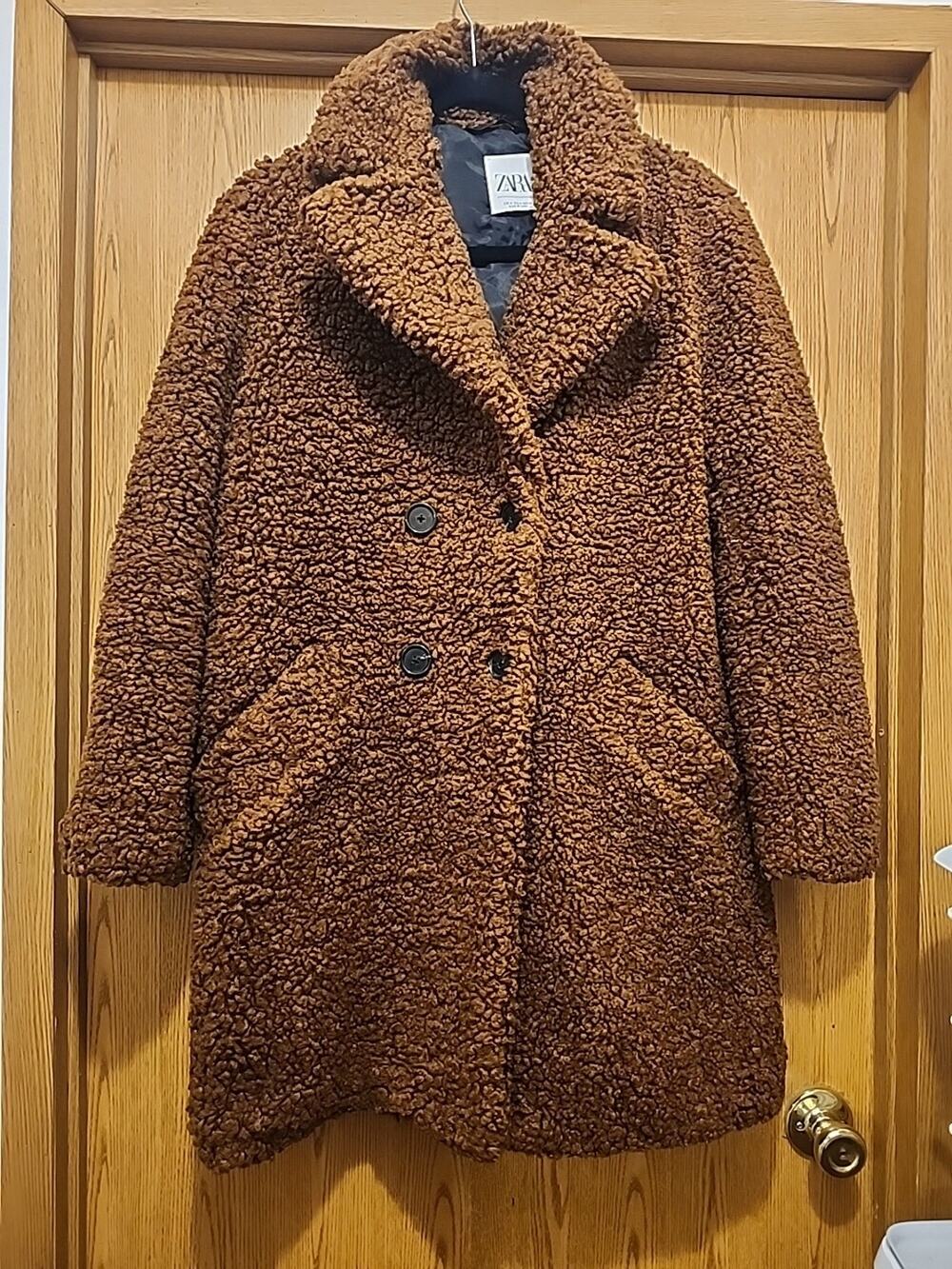 Zara Winter Teddy Coat sz Medium Brown Two Button Closure